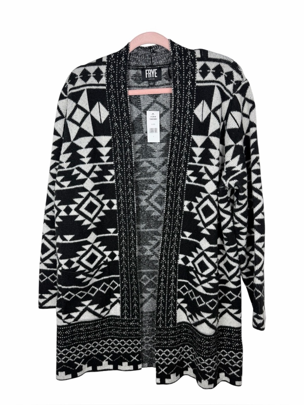 Frye NWT Women’s Black & White Geometric Pattern Open-Front Cardigan Size Large - Picture 16 of 16